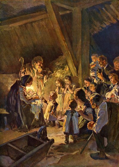 Duitse kerstscène met kinderen, ca 1908 (prent) door German School