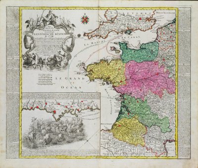 Duitse Kaart die Engelse marineaanvallen op Franse havens in 1758 toont door German School
