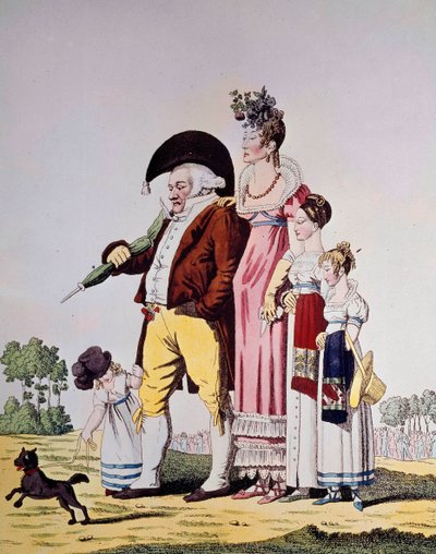 Duitse burgers wandelen op zondag. Karikatuur die een Duitse familie in zondagse kleding voorstelt. Gravure uit de 19e eeuw. Berlijn. Kunstbibliothek door German School