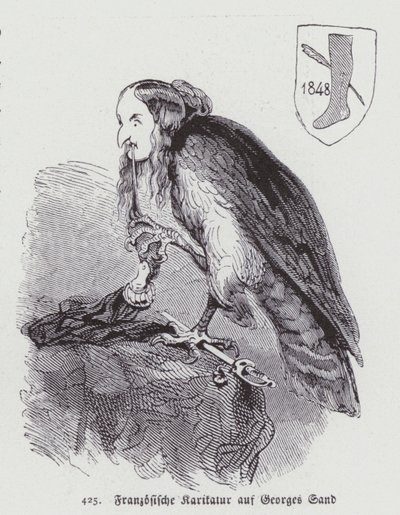 Duitse karikatuur van de 19e-eeuwse Franse romanschrijfster George Sand (litho) door German School