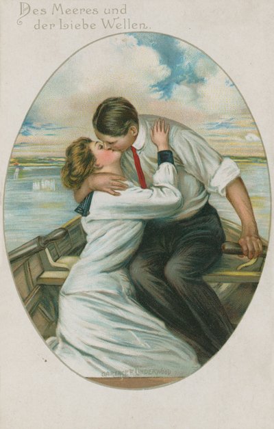 Duitse man en vrouw kussen in een boot, ansichtkaart verzonden op 10 september 1913 door German School