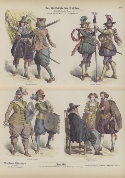 Duitse militaire en burgerlijke kostuums, begin 17e eeuw (gekleurde gravure) door German School
