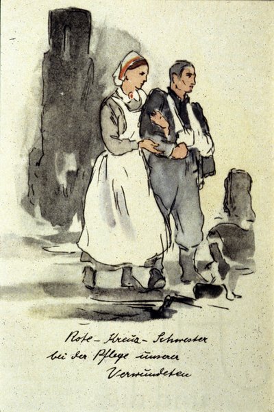 Duitse verpleegster ondersteunt een gewonde man. 1942 door German School