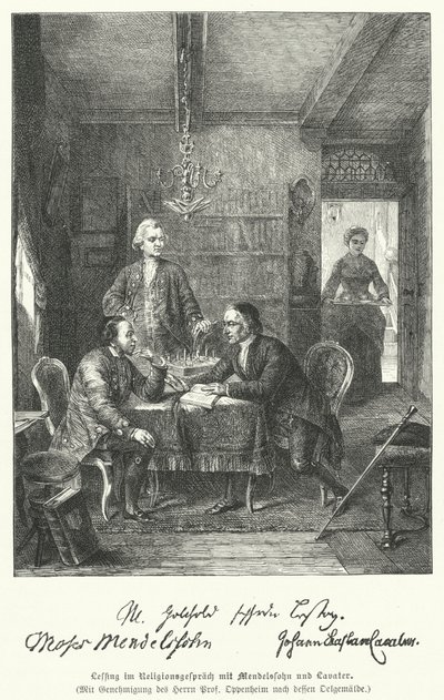 Duitse filosoof en dramaturg bespreekt religie met Moses Mendelssohn en Johann Kaspar Lavater door German School
