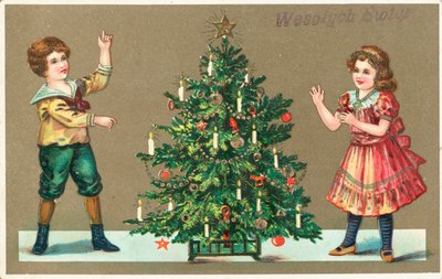 Meisje en jongen met kerstboom door German School