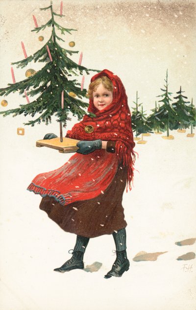 Meisje draagt kleine kerstboom in de sneeuw door German School
