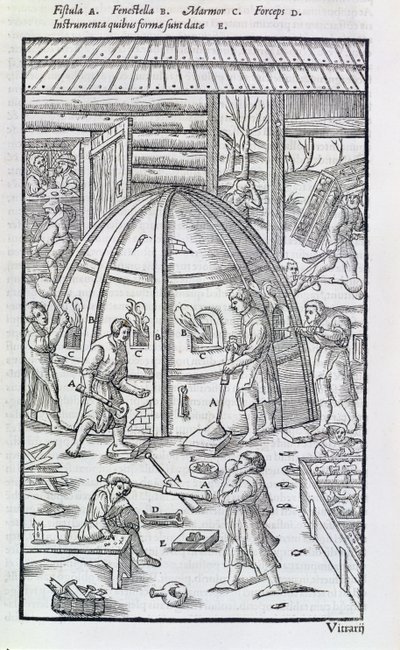 Glasfabriek, illustratie met de marmeroven en glasblazers door German School