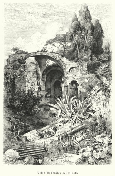 Villa van Hadrianus, Tivoli, Italië (gravure) door German School