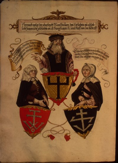 Hans Fugger en zijn twee vrouwen Clara Widolf en Elisabeth Gfattermann, uit Geheim Ehrenbuch des Fuggerschen Geschlechts door German School