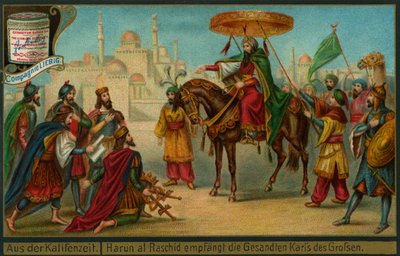 Harun al-Rashid ontvangt een delegatie van Karel de Grote, 