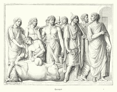 Haruspex die de ingewanden bestudeert van een geofferd dier in het oude Rome (gravure) door German School