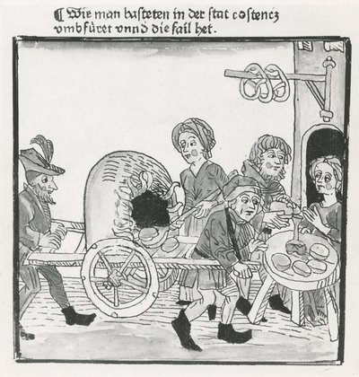 Pannenkoeken- en pretzelverkoper, tijdens het Concilie van Konstanz in 1417, naar een incunabel, c.1485 door German School
