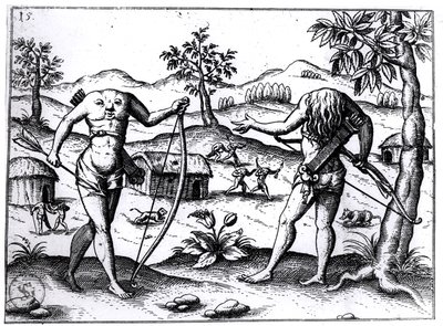Hoofdloze mannen en vrouwen, illustratie uit het verslag van Sir Walter Raleigh over Guyana, gepubliceerd in Neurenberg, 1599 door German School