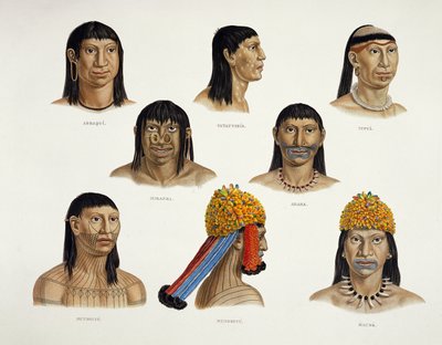 Hoofden van Zuid-Amerikaanse Indianen, uit Reizen in Brazilië door German School