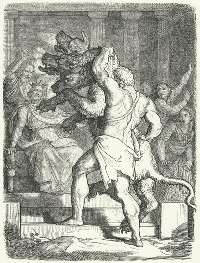 Heracles brengt Cerberus naar koning Eurystheus (gravure) door German School