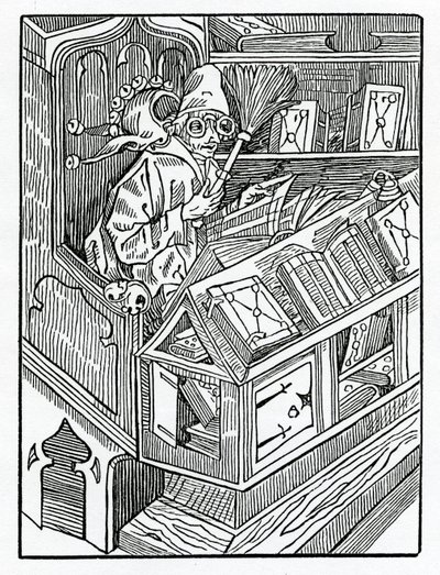 Hier begint de dwaasheid en eerst onbruikbare boeken, illustratie uit Alexander Barclay
