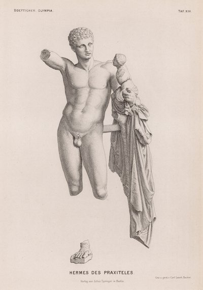 Hermes en de baby Dionysus, beeldhouwwerk toegeschreven aan Praxiteles opgegraven in Olympia, Griekenland door German School