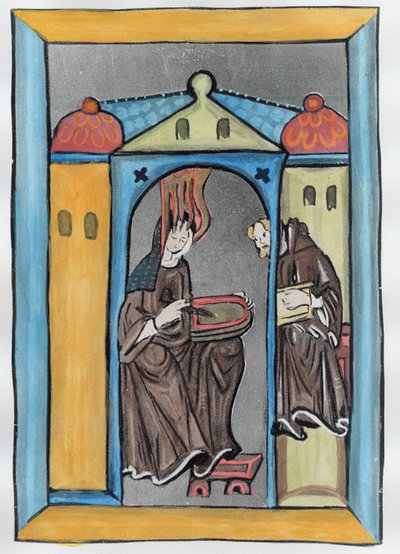 Hildegard van Bingen ontvangt het licht uit de hemel, c.1151 (latere inkleuring) door German School