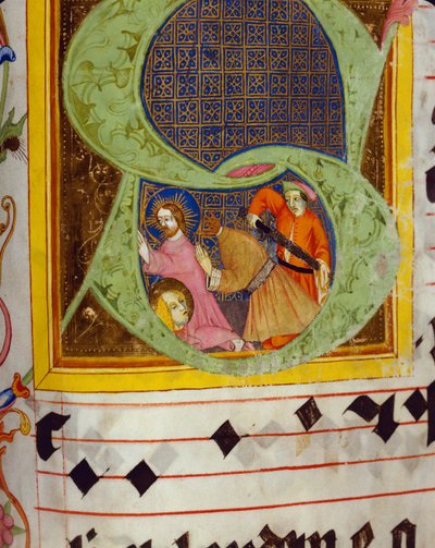 Geïllustreerde Initiaal S met de onthoofding van Johannes de Doper, uit het Graduale van Friedrich Zollner van Langenzenn, 1439-42 door German School