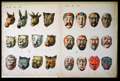 Menselijke en dierlijke carnavalsmaskers, pagina uit een catalogus van een fabrikant uit Mannebach, Thüringen, Duitsland, ca. 1865 door German School