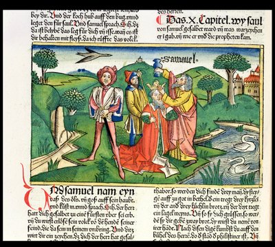1 Samuel 10 De kroning en zalving van Saul, uit de Neurenbergse Bijbel (Biblia Sacra Germanaica) door German School