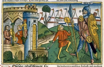 1 Samuel 17:1-58 David verslaat Goliath en ontmoet Saul, uit de Neurenbergse Bijbel (Biblia Sacra Germanaica) door German School