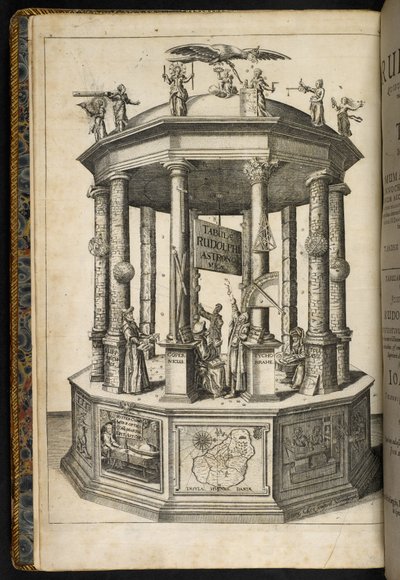 Geïllustreerde frontispice met een Tempel van Urania, de Muze van Astronomie, uit 