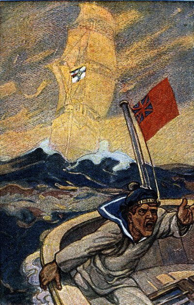 Illustratie van Duitse propaganda uit het tijdschrift Jugend tijdens de 1e Wereldoorlog. Een Engelse matroos wordt geterroriseerd door de verschijning van een spookschip dat de vlag van het Rijk voert. door German School