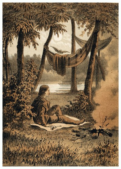 Illustratie van de verovering van de Amazone door Europeanen, installatie van een kamp nabij de rivier. in 