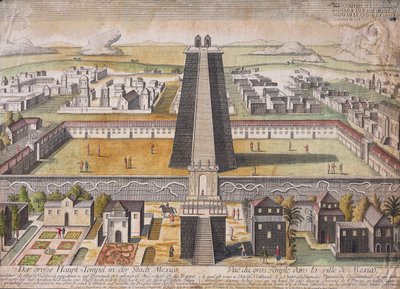 Denkbeeldige reconstructie van de Hoofdtempel (Templo Mayor) in Mexico-Stad door German School