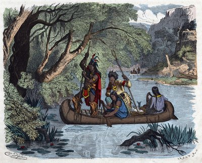 Indianen vissen aan boord van een kano op een rivier in Amerika. In 