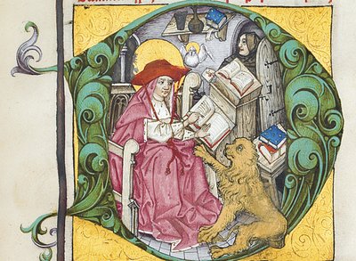 Initiaal D uit Epistolae Hieronymus, brieven en traktaten van St. Jerome, bewerkt door Adrianus Brielis door German School