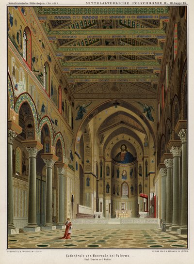 Interieur van de kathedraal van Monreale, Palermo, Sicilië, Italië (kleur litho) door German School