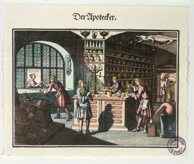 Interieur van een apotheek, ca. 1700 door German School