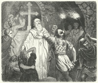 Onderbreking van een christelijke dienst in de Romeinse catacomben (gravure) door German School