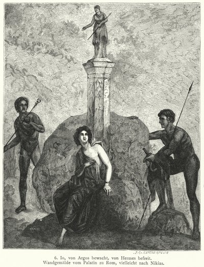 Io, bewaakt door Argus Panoptes in opdracht van de godin Hera, bekeken door Hermes, gestuurd door Zeus om haar te ontvoeren, Romeinse muurschildering door German School