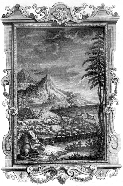 Jacob, de trouwe herder, beschermt zijn kudde schapen tegen de aanval van wolven, 1731 door German School