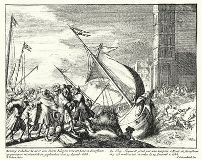 Jacob II van Engeland gevangen door vissers in Faversham, Kent, terwijl hij probeerde naar Frankrijk te vluchten door German School