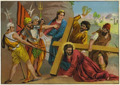 Jezus vallend onder het gewicht van zijn kruis op weg naar zijn kruisiging (kleurenlitho) door German School