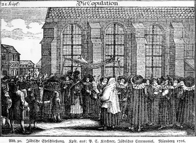 Joodse bruiloftstoet door Georg Puschner uit Kirchners Jüdisches Ceremoniel, 1726 door German School