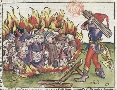 Joden verbrand op de brandstapel, uit de Neurenberg Kroniek door Hartmann Schedel (1440-1514), 1493 door German School