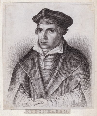 Johannes Bugenhagen (Doctor Pomeranus), Duitse priester en theoloog die de protestantse reformatie introduceert in Pommeren en Denemarken (gravure) door German School