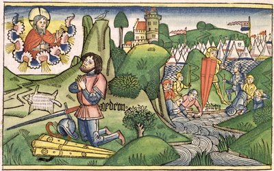 Rechters 6:36 Gideon legt het vlies neer, uit de Neurenbergse Bijbel (Biblia Sacra Germanaica) door German School