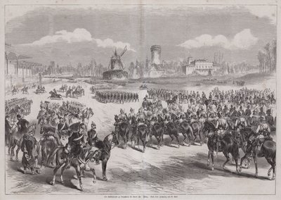 Kaiser Wilhelm I van Duitsland kijkt naar zijn legerparade in Longchamp, Parijs, Frankrijk, maart 1871 door German School