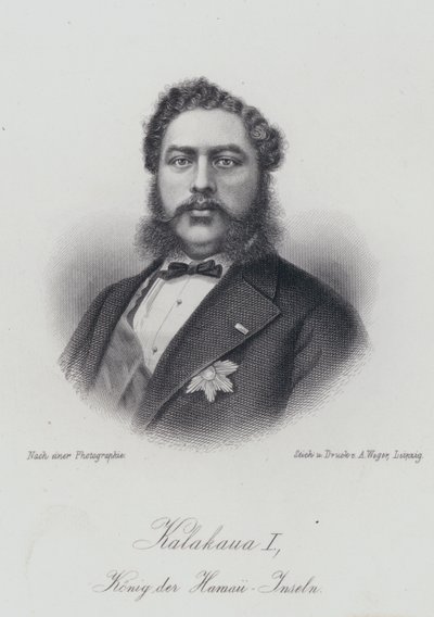 Kalakaua I, koning van de Hawaiiaanse eilanden (gravure) door German School
