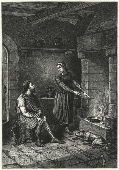 Koning Alfred en de verbrande taarten (gravure) door German School