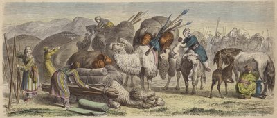 Kirghizische nomaden zetten hun kamp op in Zuid-Siberië (gekleurde gravure) door German School