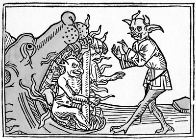 De mond van de hel - Jacobus de Teramo - De duivel Belial voor de poorten van de hel, uit Das Buch Belial, gepubliceerd in Augsburg door German School