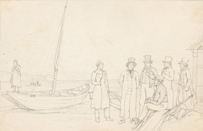 Landschap aan het meer met zeven figuren door German School