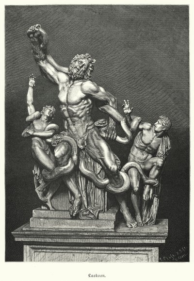 Laocoön en zijn zonen, oude Griekse of Romeinse sculptuur opgegraven in Rome in 1506 (gravure) door German School